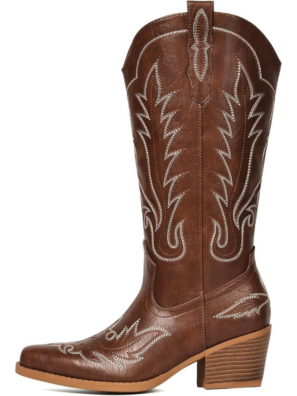 Women Pu Brown Pull-On Western Mid-Calf Cowboy Snip Toe Chunky Block Heel - Picture 5 of 6